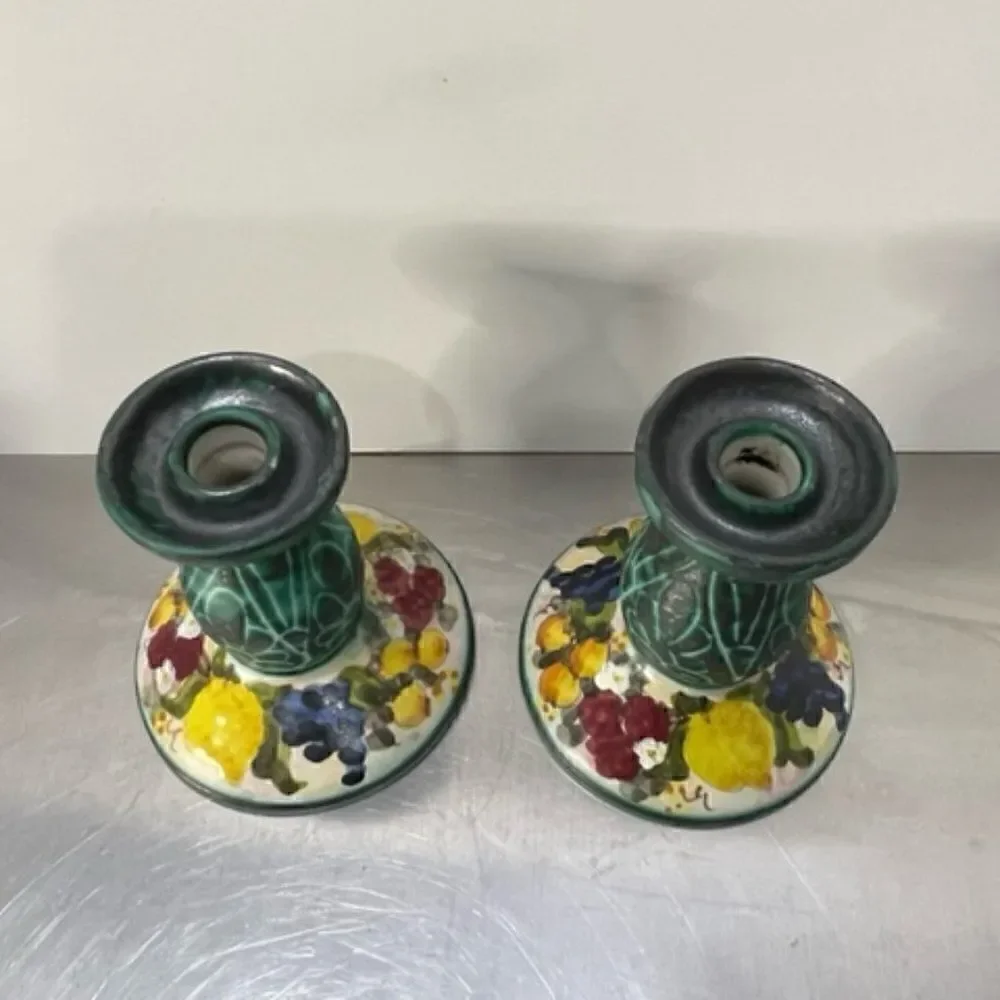 Vintage Pair of Studio Arta Per Ceramic Italy Candlesticks Fruit/Flower Motif 2